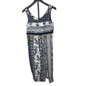 Dawn Joy Fashions Vintage Navy White Batik Beaded Fringe Midi Dress USA Made